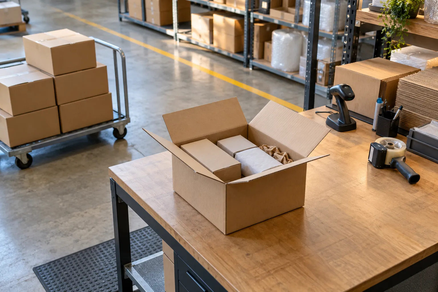Ilustrasi meja pengemasan dan trolley barang di area fulfillment
